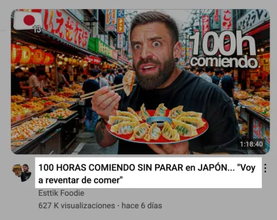 Captura de video de YouTube cone el título: 100 horas sin parar de comer en Japón